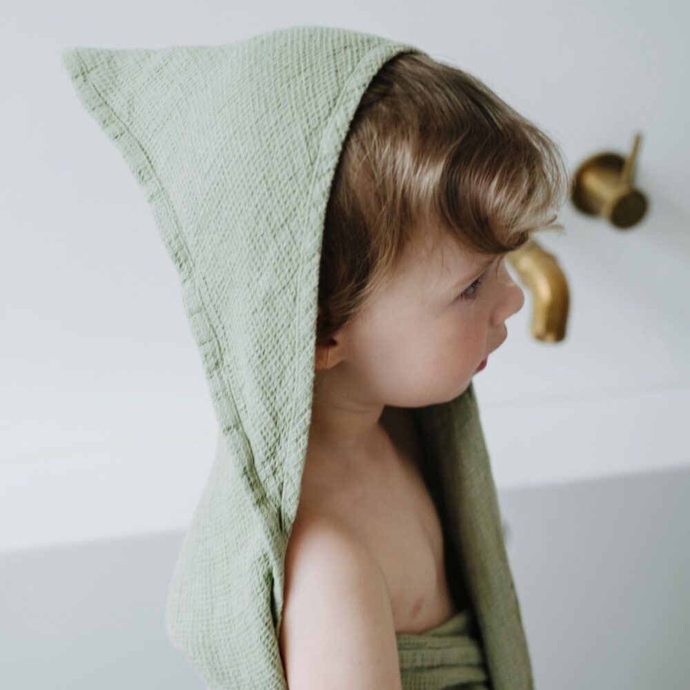 Linen Hooded Waffle Towel for Kids - Sage - Image 7