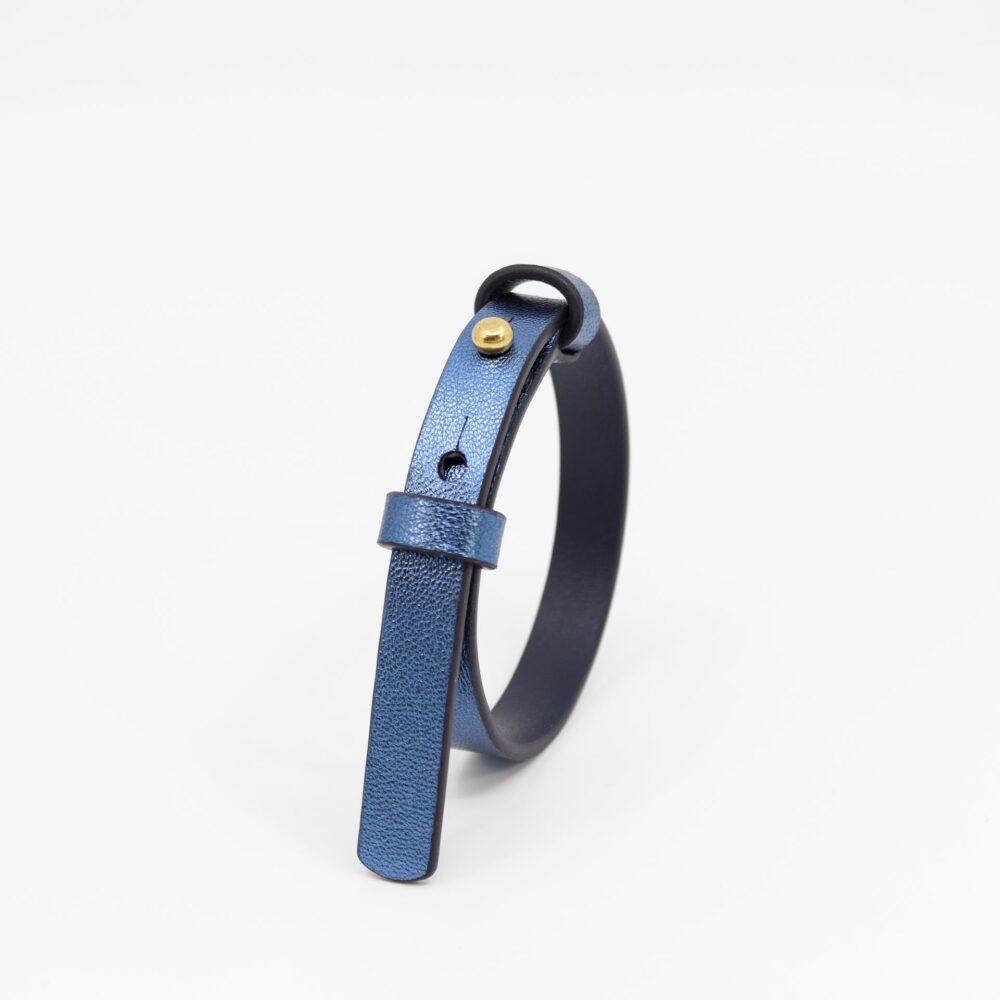 Leather Bracelet With a Brass Fastener in Metallic Blue